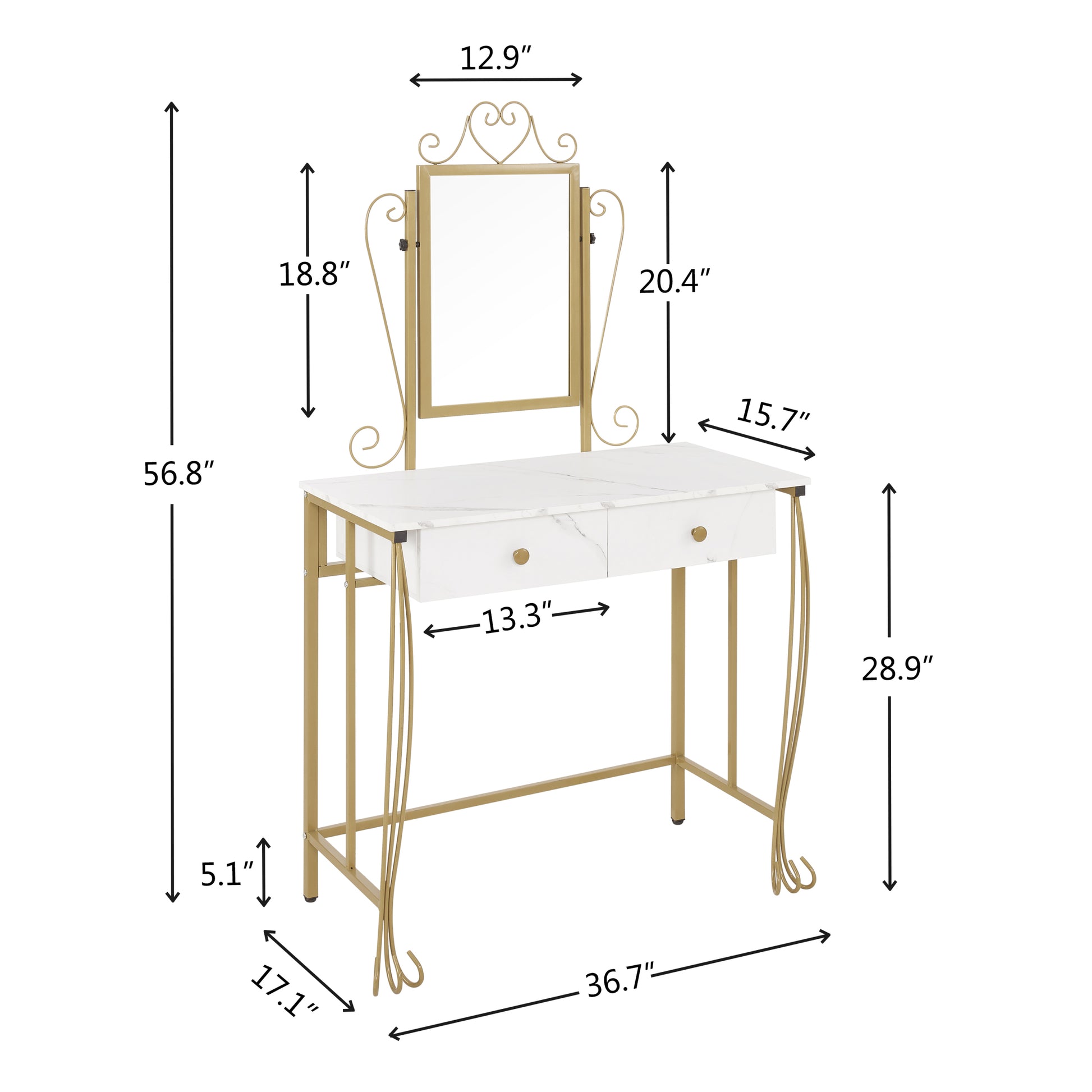 Vanity Mirror Table Set, Makeup Desk Vanity With Stool, Vintage Bedroom Vanity Lots Storage Dressing Table White For Women And Girls White 2 Drawers American Design Metal & Wood