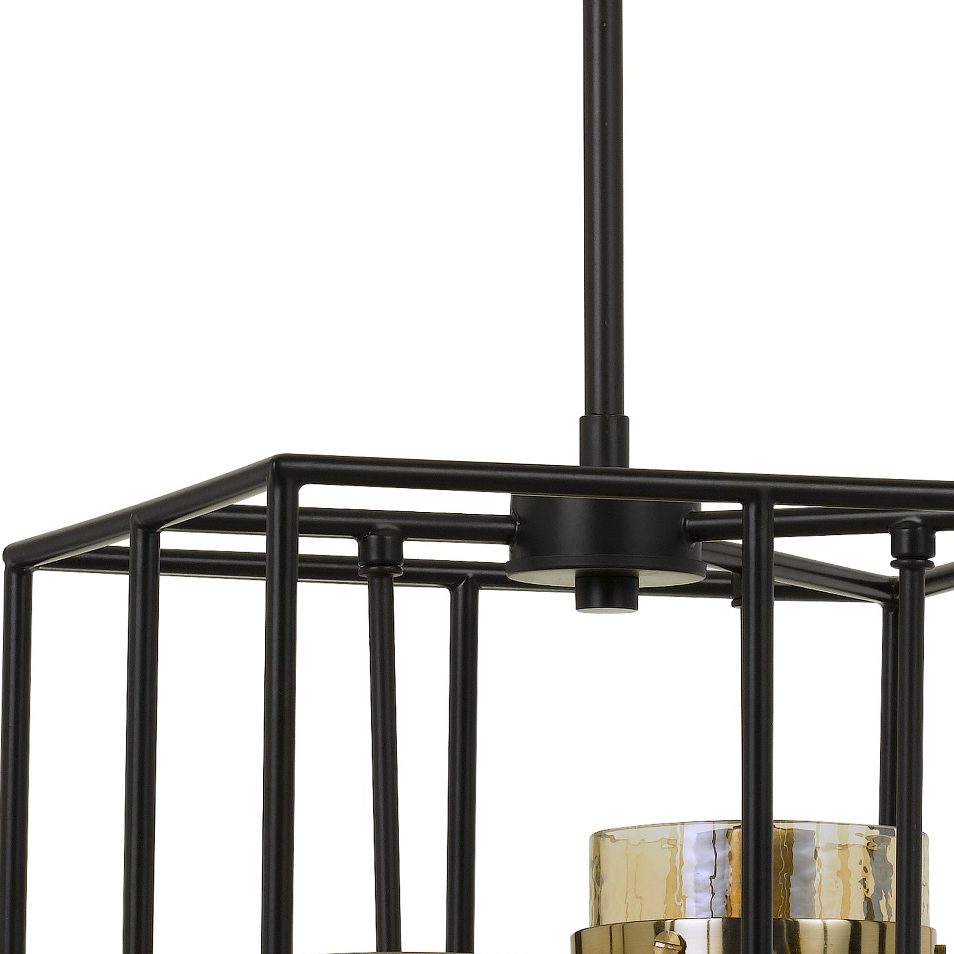 Rectangular Open Cage Design Pendant With Cylindrical Glass Shade, Black Bronze Glass Metal