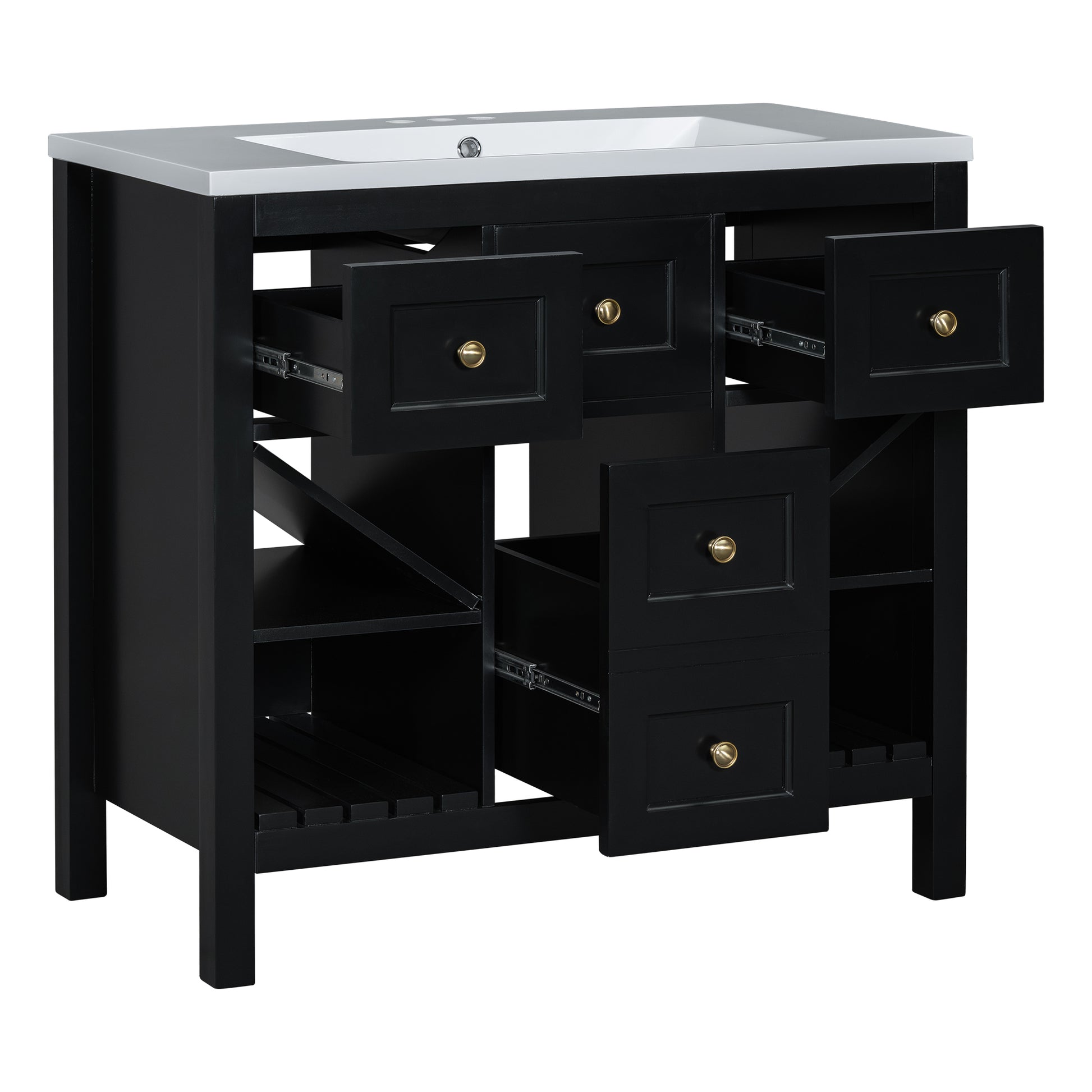 36'' Bathroom Vanity With Resin Sink Combo, Solid Wood Frame Bathroom Storage Cabinet, Freestanding Vanity Set With 5 Drawers& Soft Closing Doors Same As N710S136001B Black Bathroom Solid Wood Mdf Resin