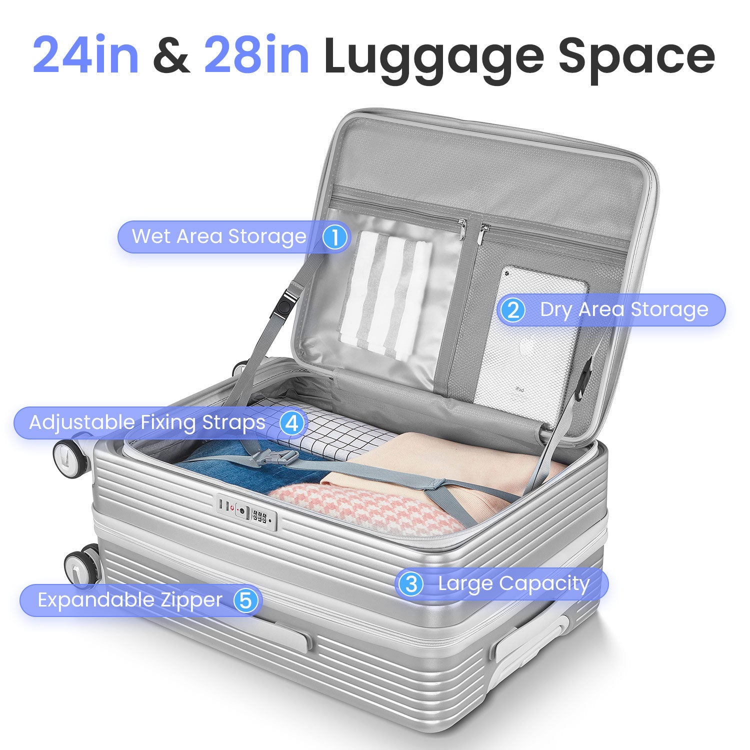 Luggage Sets 3 Piece 20 24 28 , Expandable Carry On Luggage With Tsa Lock Airline Approved, 100% Pc Hard Shell And Lightweight Suitcase With Front Pocket And Spinner Wheels Silver Pc