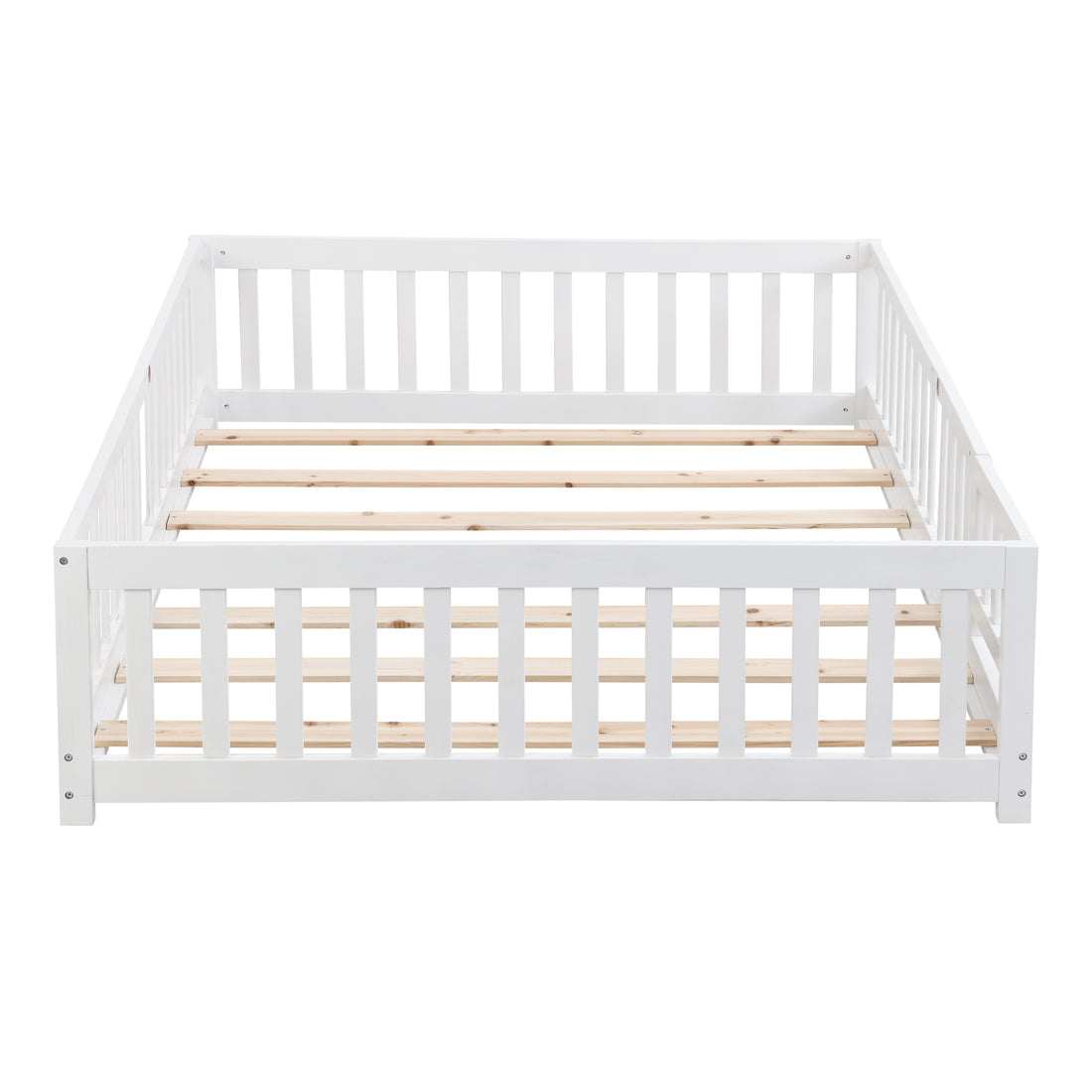 Full Size Floor Bed With Door,Solid Wood Platform Bed Frame With Fence,Suitable For Children,Pine Wood,White Full White Wood