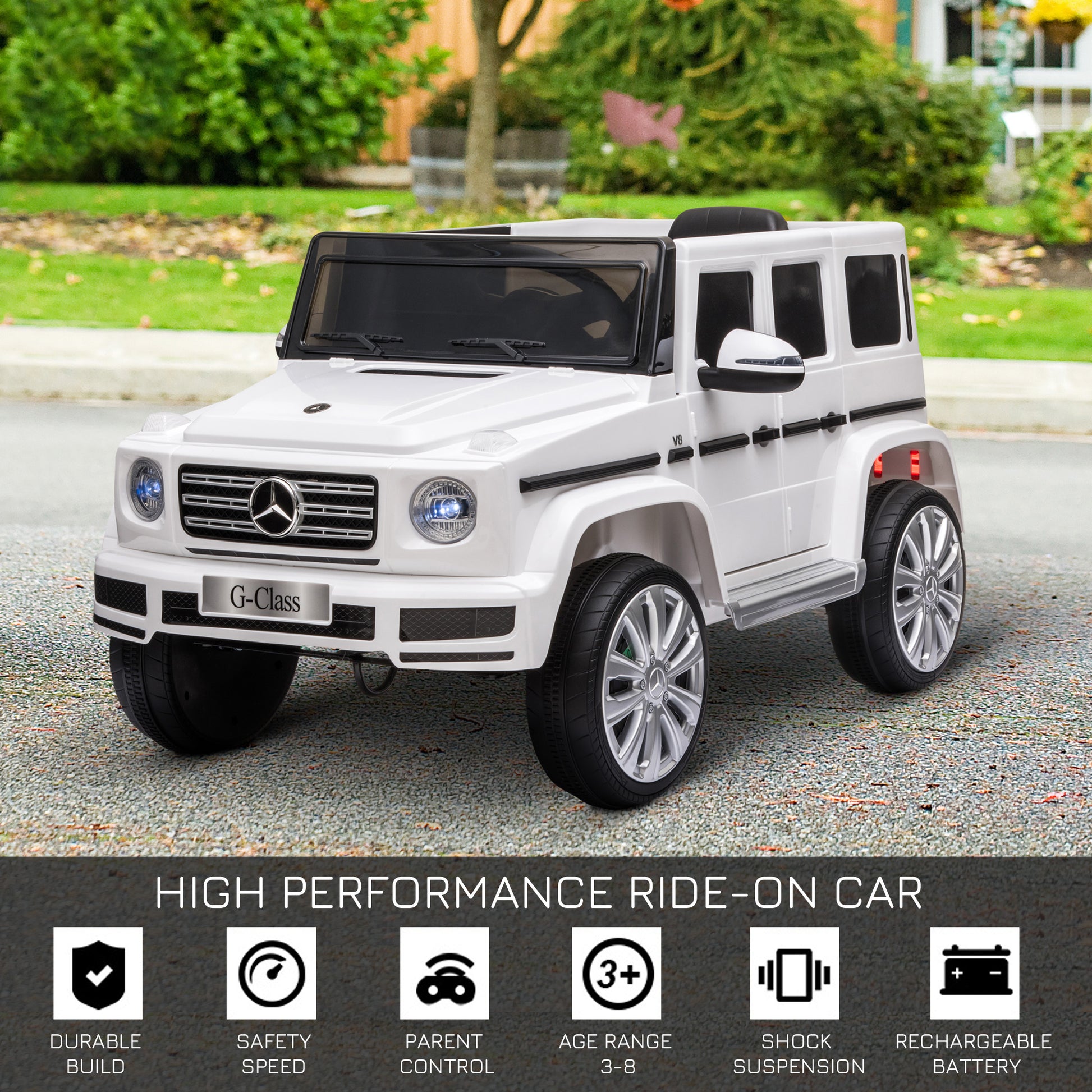 Aosom 12V Kids Electric Car, Mercedes Benz G500 Licensed Battery Powered Ride On Truck For Kids With Remote Control, Headlights, Music, Suspension & Storage For Boys And Girls, White White Plastic