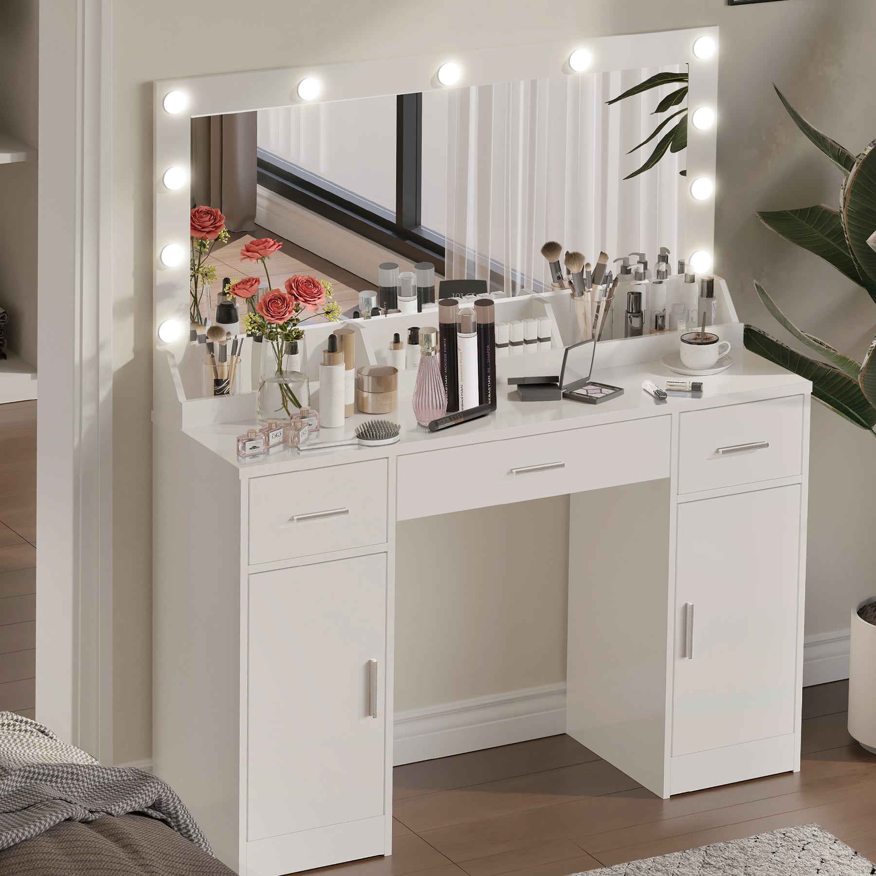 47.2"Vanity Desk With Large Mirror, 3 Colour Lighting Modes, Adjustable Brightness, Dresser With 3 Drawers & 2 Vertical Cabinets, Makeup Vanity Table For Women & Girls White White Particle Board