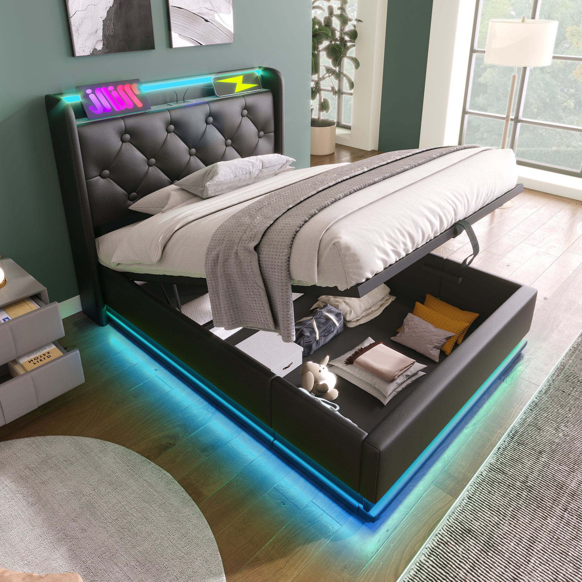 Twin Size Upholstered Bed, 360 Surround Led Function, Buttons Apps Remote Control, Hydraulic Storage Bed With Usb Type C Charging, Black, Pu Without Mattress Twin Black Pu