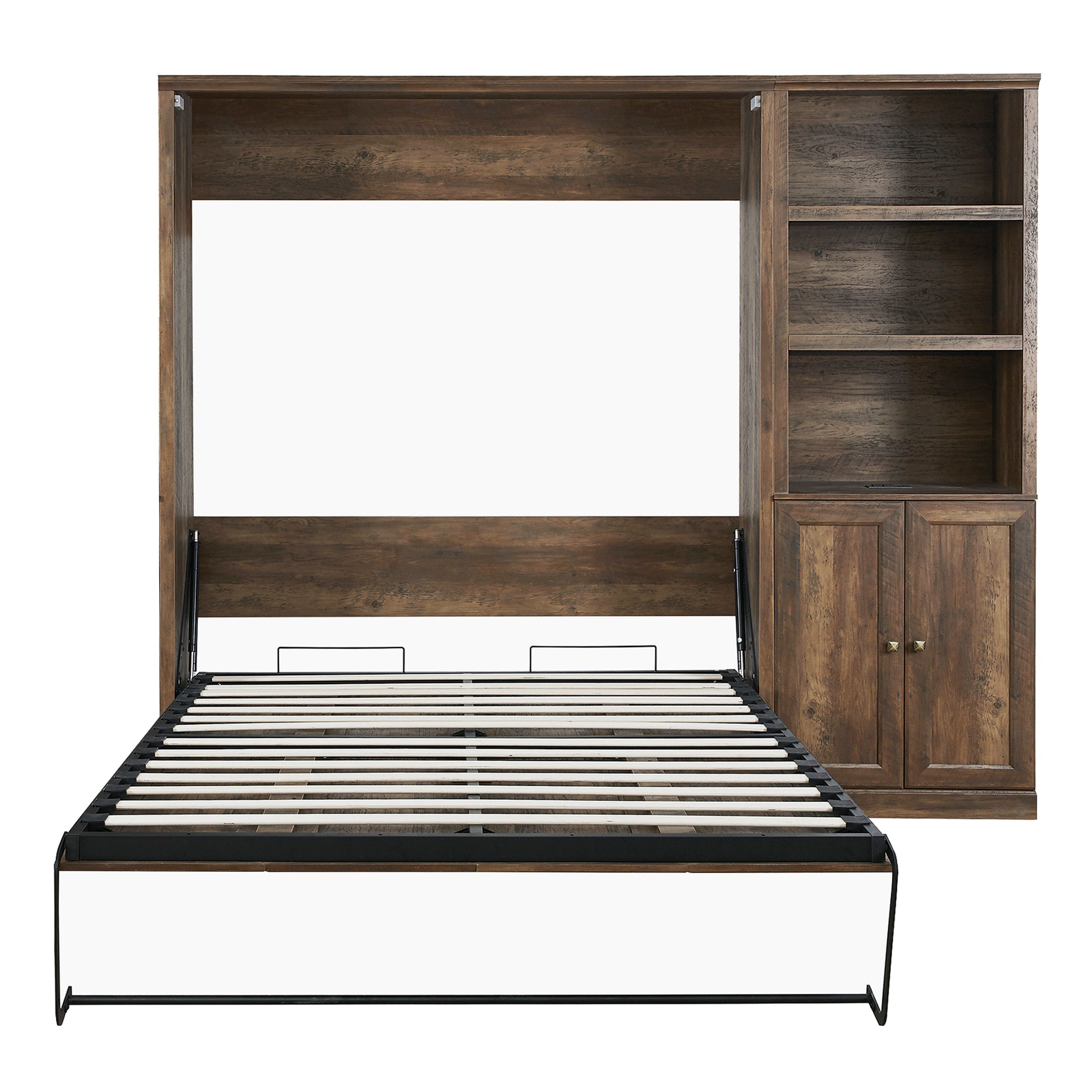 Full Size Half Self Close And Open Murphy Bed With 1 Side Cabinet Storage Shelf, Cabinet Space Saving Bed Perfect For Guest Room, Bed Room, Guest Room, Home Office, Brown Box Spring Not Required Full Brown Wood Brown Pine Murphy Solid Wood Mdf