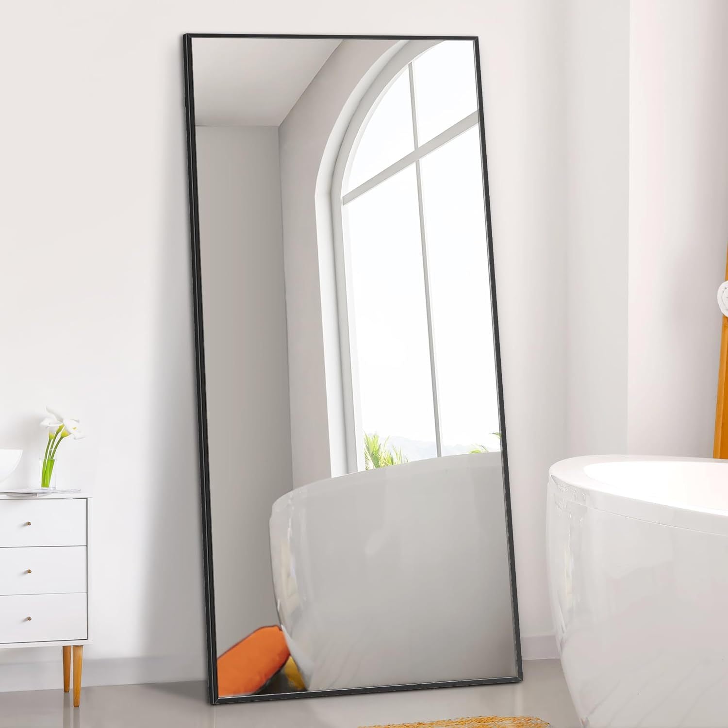 Dolonm 71X32 Inch Full Length Mirror, Modern Design Standing Floor Mirror, Full Body Mirror For Living Room, Bedroom, Bathroom, Cloakroom, Hallway, Black Aluminum Alloy Frame Black Mirror