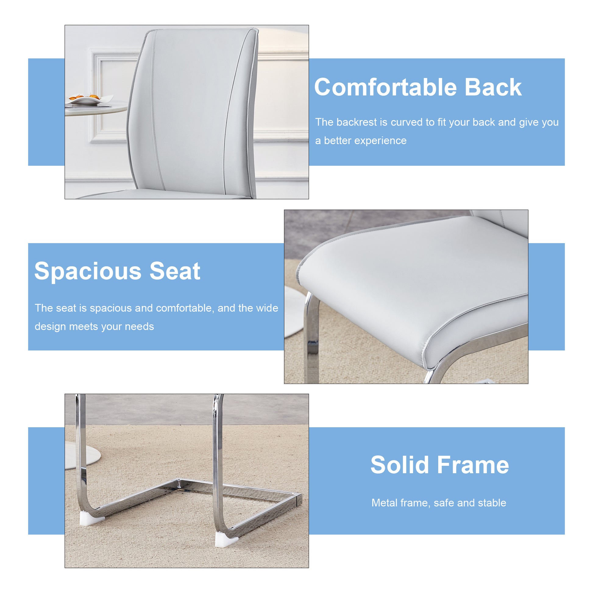 Luxury Simple Arch Chair Set Of 6 Light Gray Pu Material High Resilience Dining Chair With Arched Metal Silver Leg. Light Gray,Silver Metal,Pu