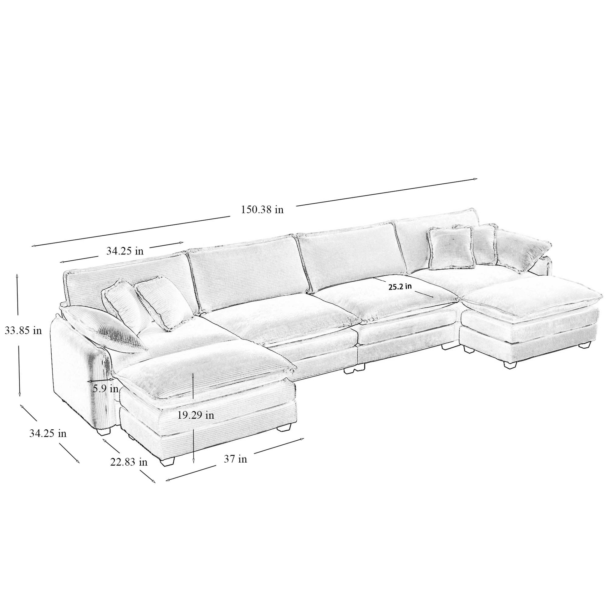 Over Size U Shape Corduroy Sofamodern Upholstered 4 Seater Sofa With 2 Ottomans, Premium Soft Corduroy Fabric Sofa Beige Corduroy 4 Seat