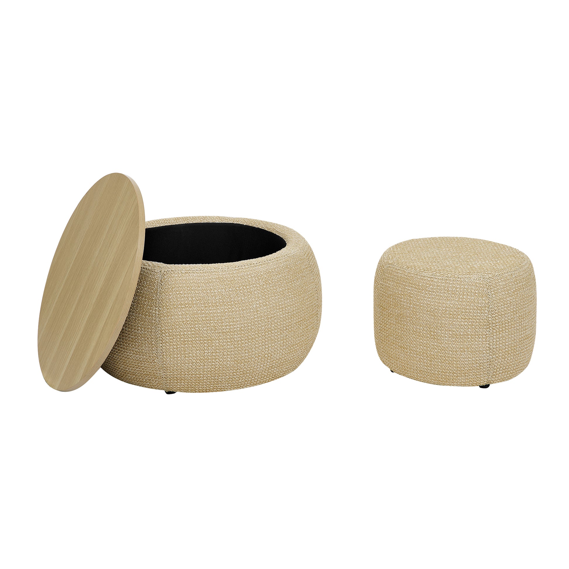 Round Storage Ottoman, Woven Rattan Fabric Ottoman, 2 In 1 Function, Work As End Table And Ottoman,With Small Seat Nature 25"X25"X14.7" Natural Foam