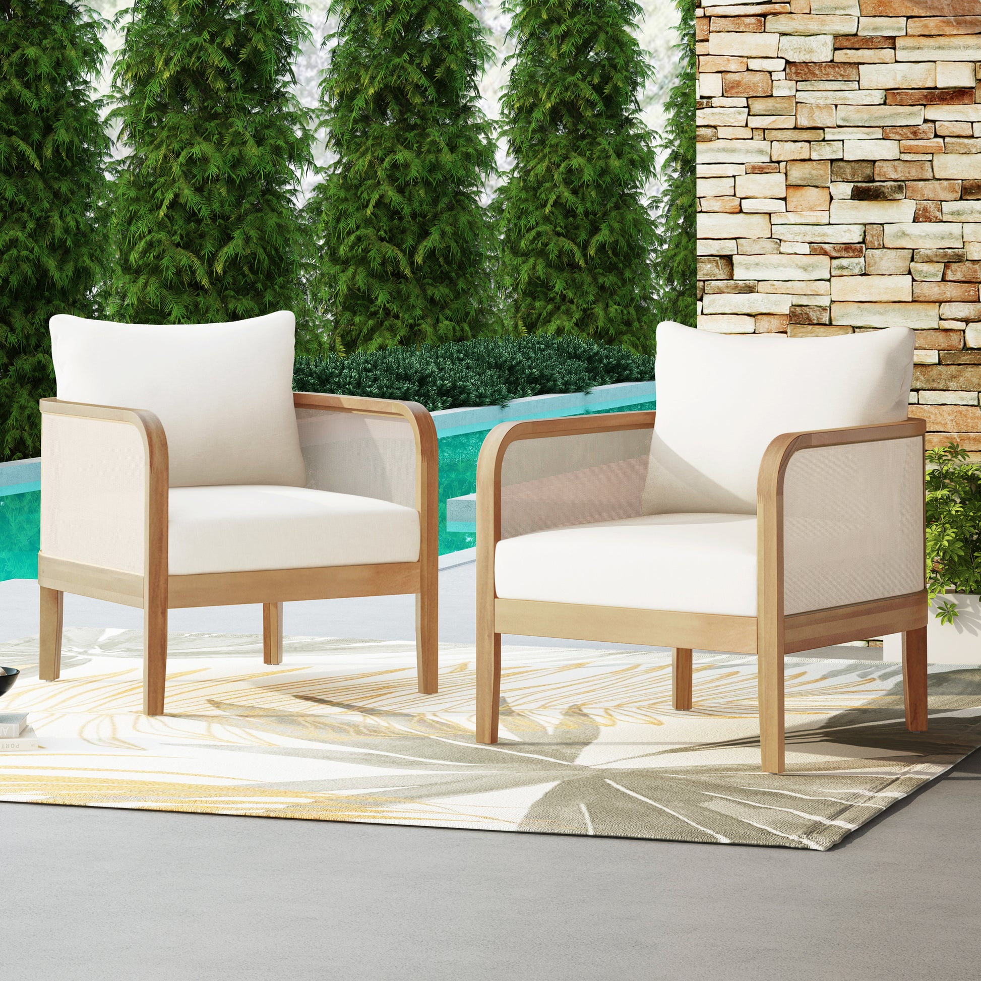 Set Of 2 Outdoor Acacia Wood Patio Club Chair, Textilene Patio Furniture,Waterproof Thick Cushion Deep Seating For Porch, Garden, Backyard, Balcony, Weight Capacity 400Lbs, Light Teak Finish, Beige Yes Deep Seating Light Teak Garden & Outdoor Foam Acacia