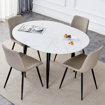 Table And Chair Set.Modern Extendable Mdf Dining Table.The Table Has A Telescopic Design, Suitable For Gatherings Of Different Size.Paired With 4 Chairs With Pu Cushions And Black Metal Legs. White Black Seats 4 Mdf Metal