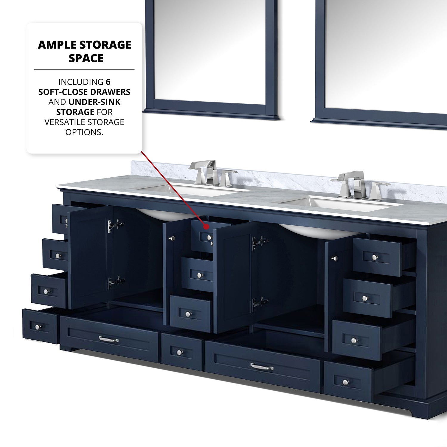 Navy Blue Double Bath Vanity 84 In. W X 22 In. D, With Carrara Marble Top Navy Blue Plywood Wood