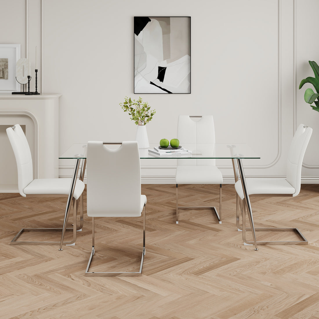 Modern Simple Rectangular Glass Dining Table, Solid Tempered Glass Tabletop, Electroplated Table Legs, White Pu Dining Chair Set, Suitable For Restaurant Kitchen Use Set Of 5 Upholstered Chair Glass White Pu Seats 4 Metal Rectangular Dining Table With