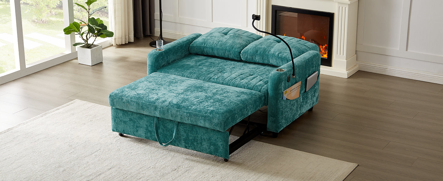 53.9" Modern Loveseat Pull Out Sofa Bed With Adjustable Backrest, Two Cup Holdersa Phone Holder, Three Charging Ports And Side Storage Pockets For Living Room, Teal Teal Foam Chenille