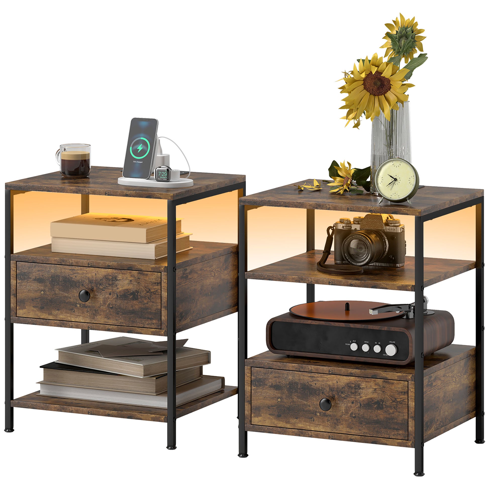 Homcom Set Of 2 End Tables With Charging Stations And Led Lights, 3 Tier Side Tables With Usb Ports And Outlets, Drawer And Shelves For Living Room, Rustic Brown Rustic Brown Particle Board