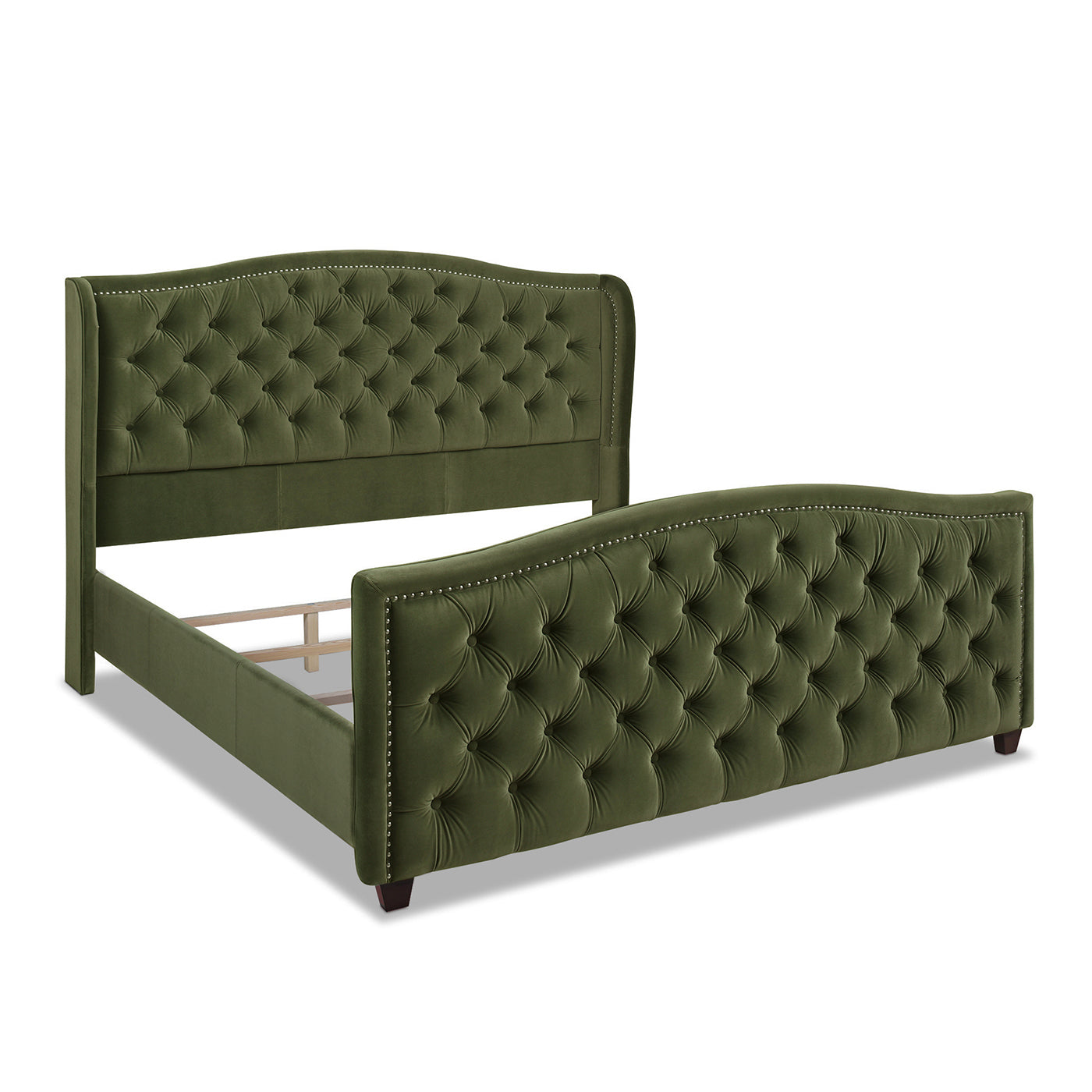 Marcella Upholstered Shelter Headboard Bed Set, King, Olive Green Performance Velvet Box Spring Required King Olive Green Wood Foam Velvet Velvet