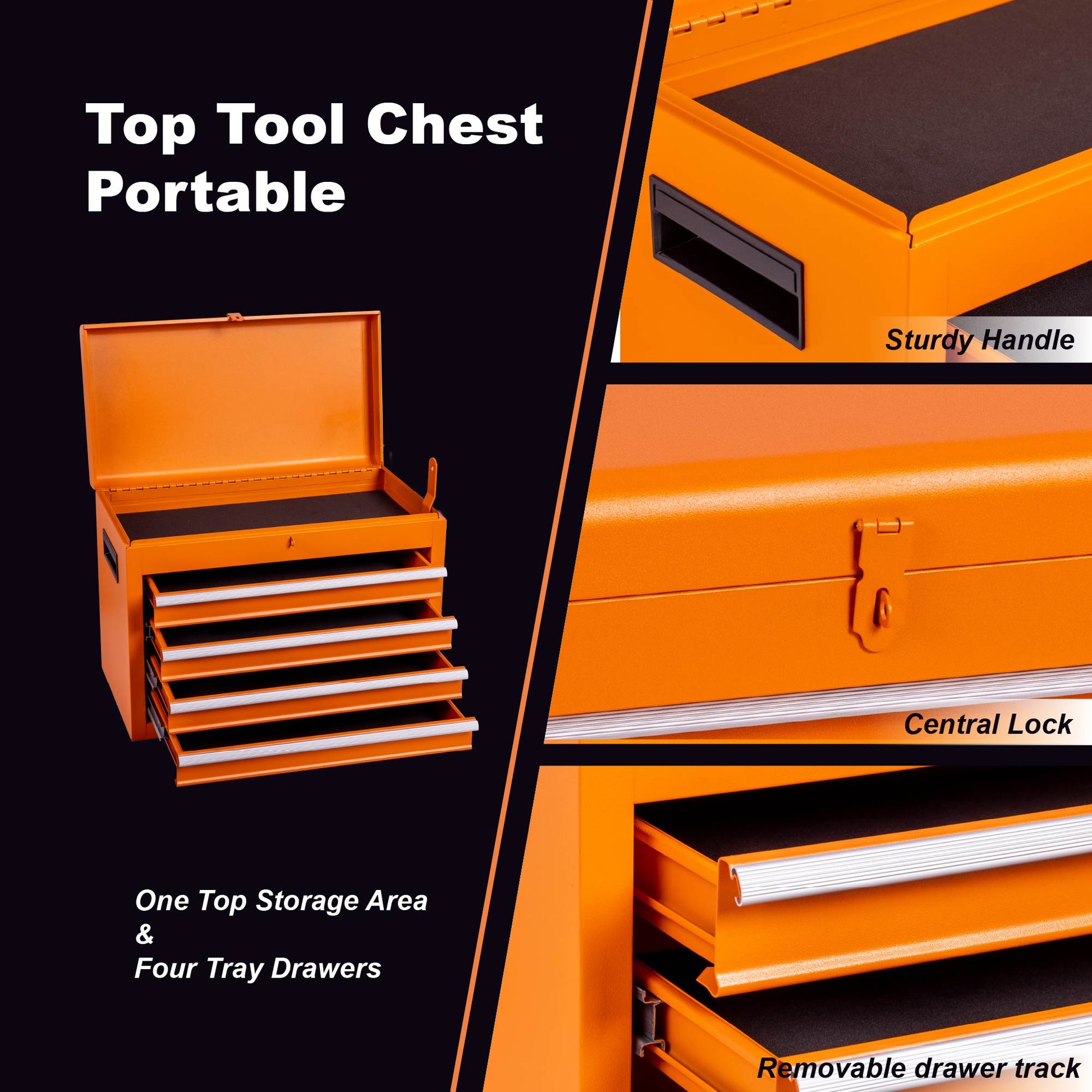Tool Chest, 5 Drawer Rolling Tool Storage Cabinet With Detachable Top Tool Box, Liner, Universal Lockable Wheels, Adjustable Shelf, Locking Mechanism, Metal Tool Cart For Garage Workshop Orange