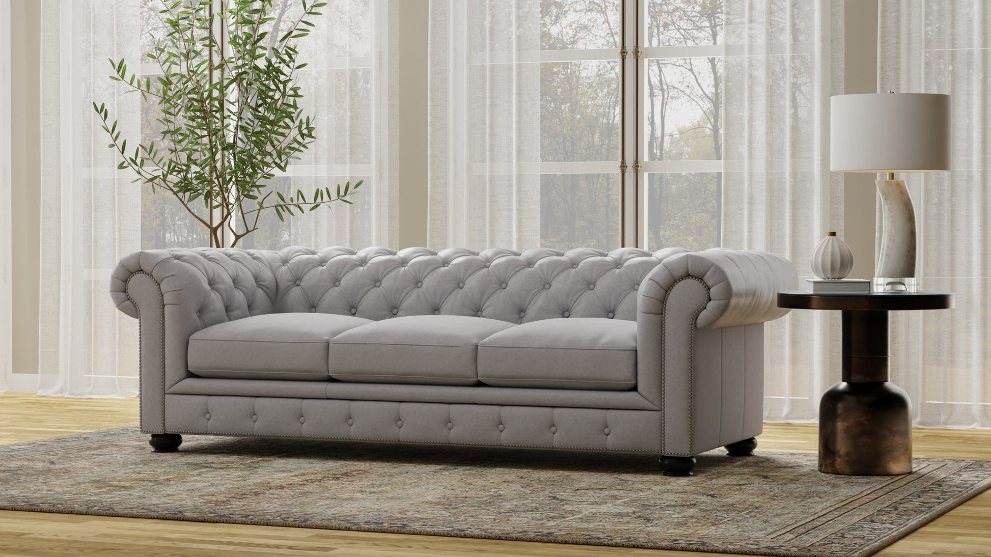 Leather Chesterfield Sofa Light Grey Leather 3 Seat