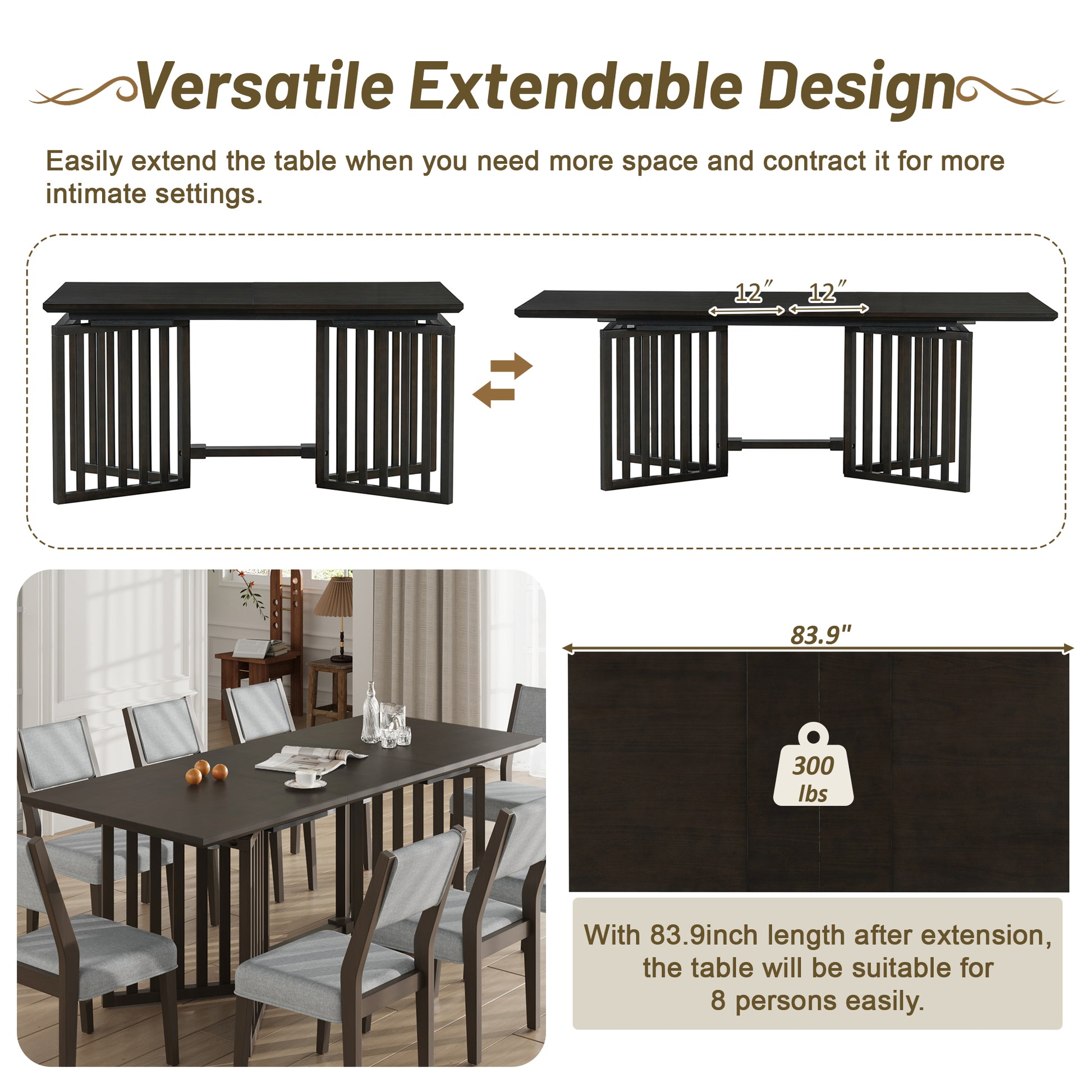 Farmhouse 9 Piece 83.9Inch Extendable Dining Table Set With 2 12 Inch Removable Leaves And 8 Upholstered Dining Chairs, Espresso Wood Dining Room Solid Wood Rubberwood Rectangular Dining Table With Chair Upholstered Chair Wood Espresso Seats 8 Removable