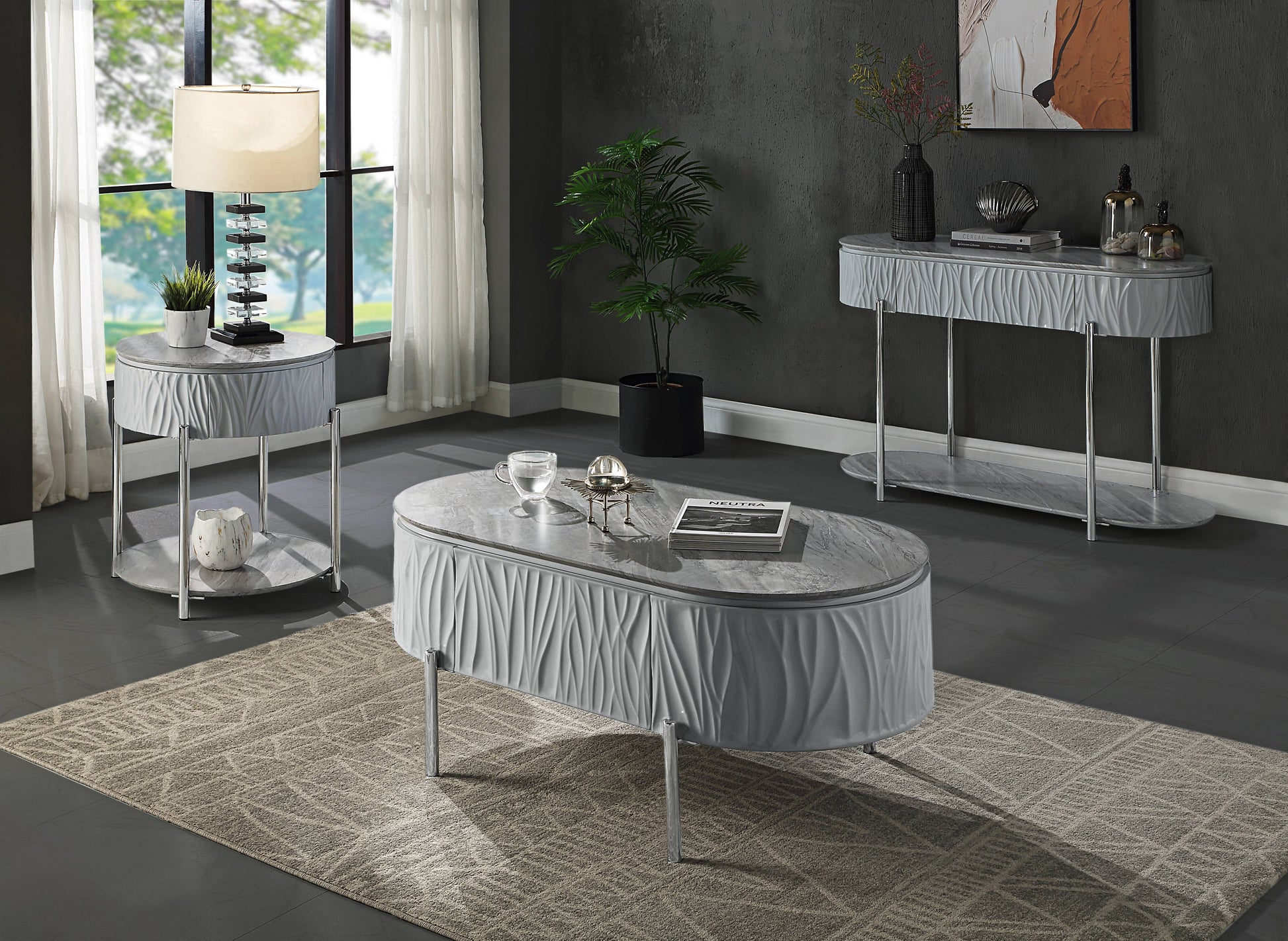 Grey High Gloss And Chrome Coffee Table Grey Silver Primary Living Space Oval Wood Metal