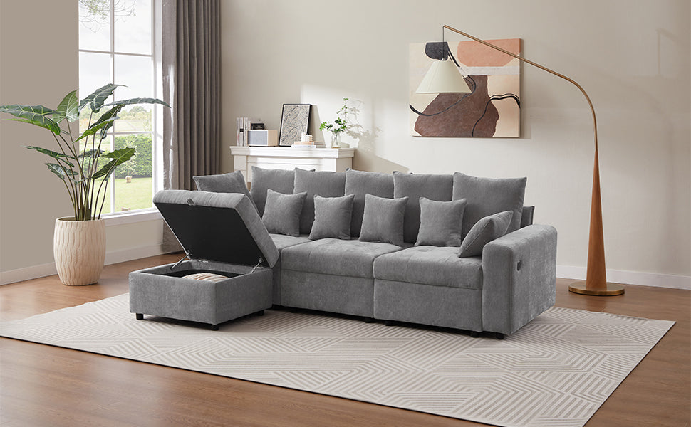 96.45"Sectional Sofa Modular Sofa Couch With Three Usb Ports, A Removable Storage Ottoman And Five Back Pillows For Living Room, Grey Grey Foam Chenille 4 Seat