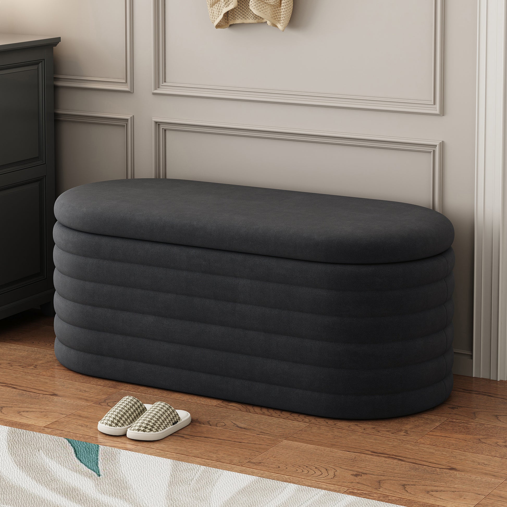 Storage Chenille Ottoman Bench Upholstered Fabric Storage Bench End Of Bed Stool With Safety Hinge For Bedroom, Living Room, Entryway, Closet 40 Inch, Black Black Contemporary Polyurethane Foam