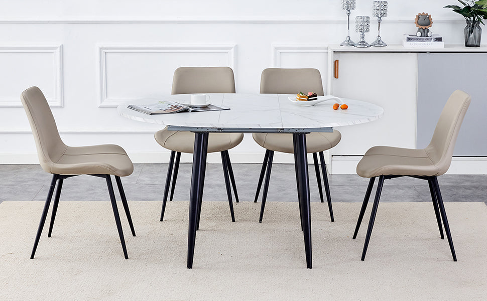 Table And Chair Set.Modern Extendable Mdf Dining Table.The Table Has A Telescopic Design, Suitable For Gatherings Of Different Size.Paired With 4 Chairs With Pu Cushions And Black Metal Legs. White Black Seats 4 Mdf Metal