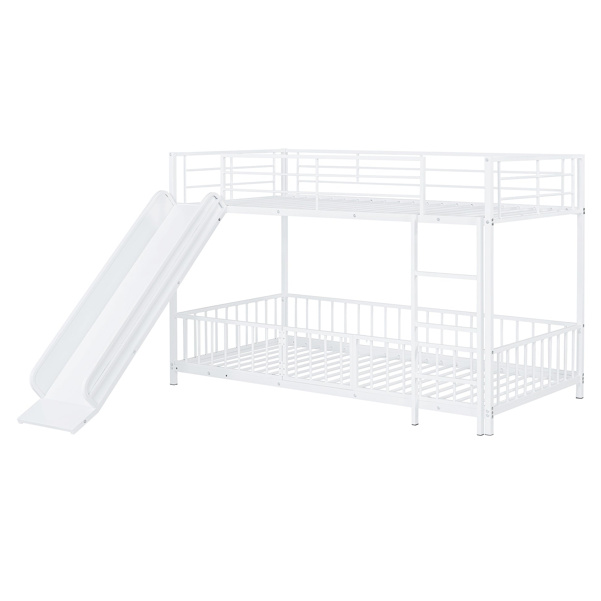 Twin Over Twin Size Metal Bunk Bed With Slide And Guardrails, White Twin White Metal