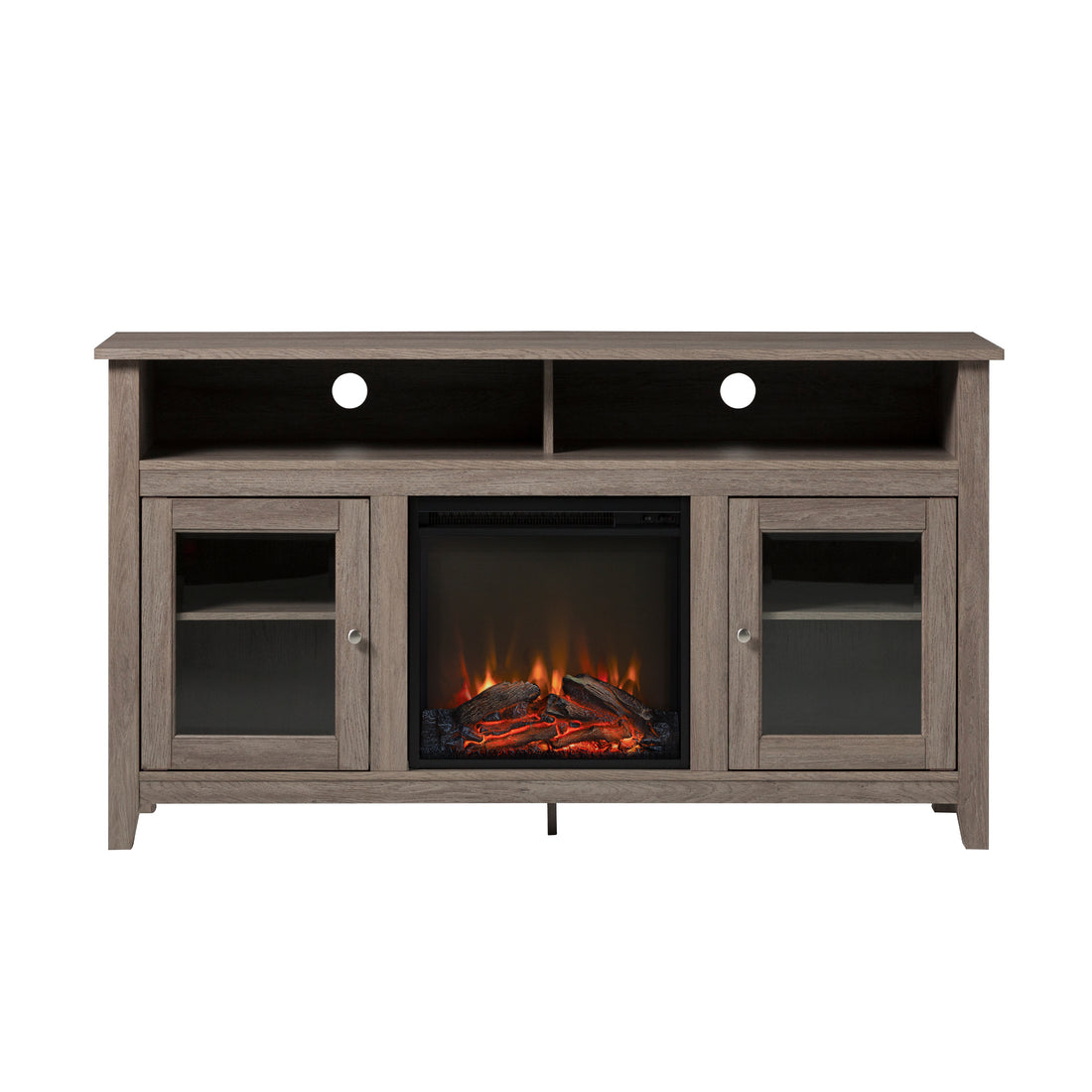 Classic Glass Door Fireplace Tall Tv Stand For Tvs Up To 65" Driftwood Reclaimed Barnwood Mdf