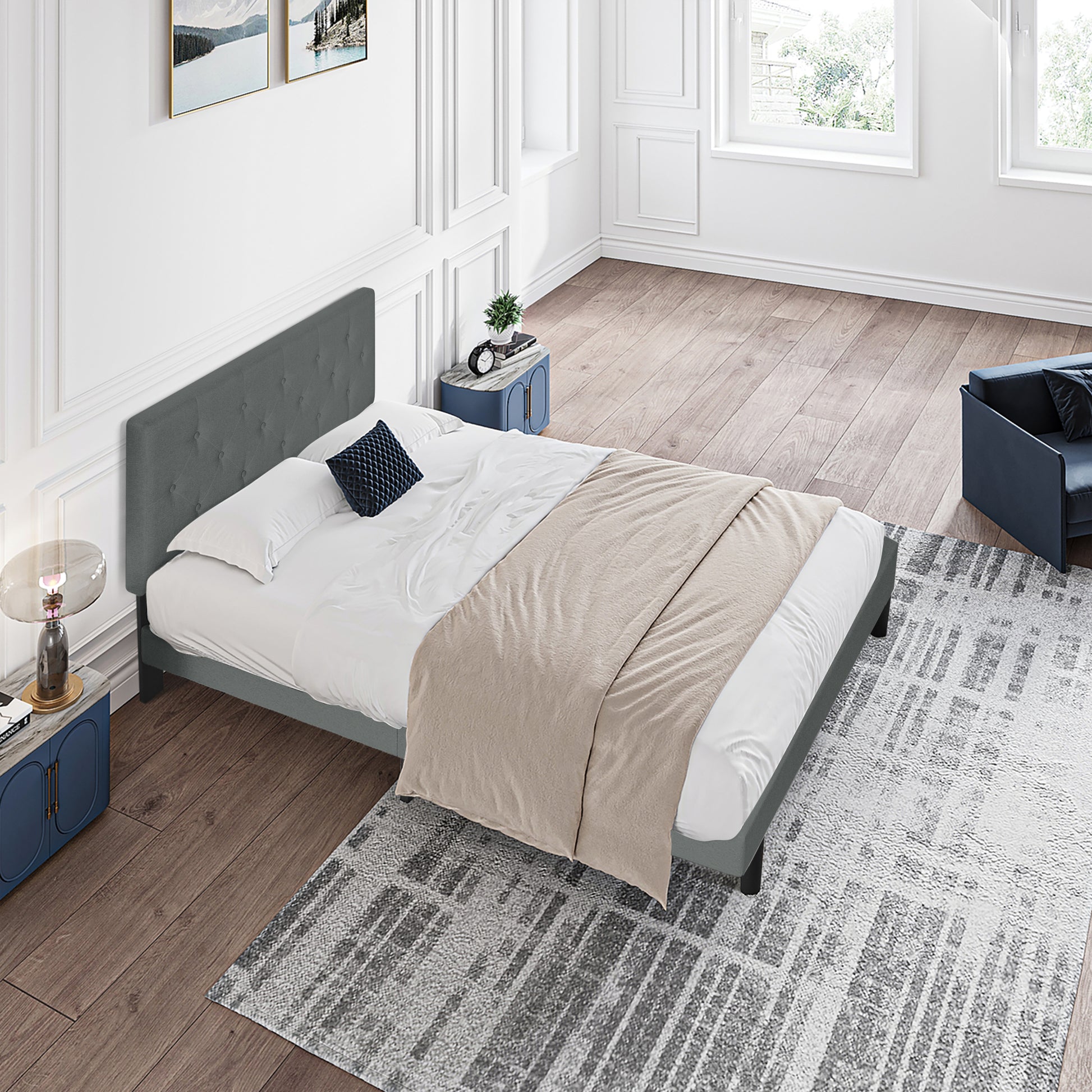 Twin Size Upholstered Platform Bed Frame With Modern Button Tufted Linen Fabric Headboard, No Box Spring Needed, Wood Slat Support, Easy Assembly, Drak Grey Twin Dark Gray Linen