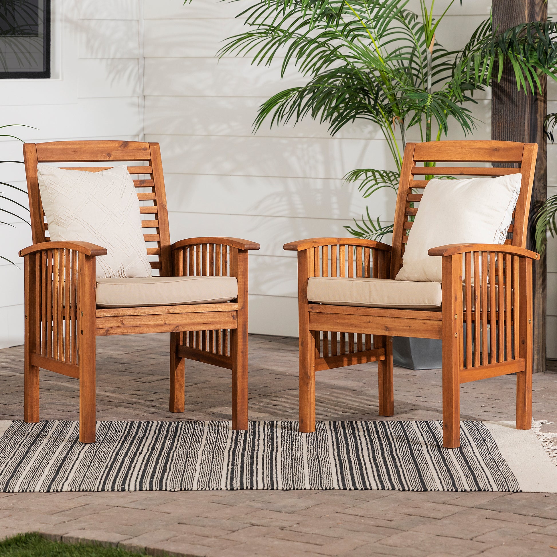 Modern 2 Piece Slat Back Patio Chairs With Cushions Brown Brown Polyester Acacia Wood