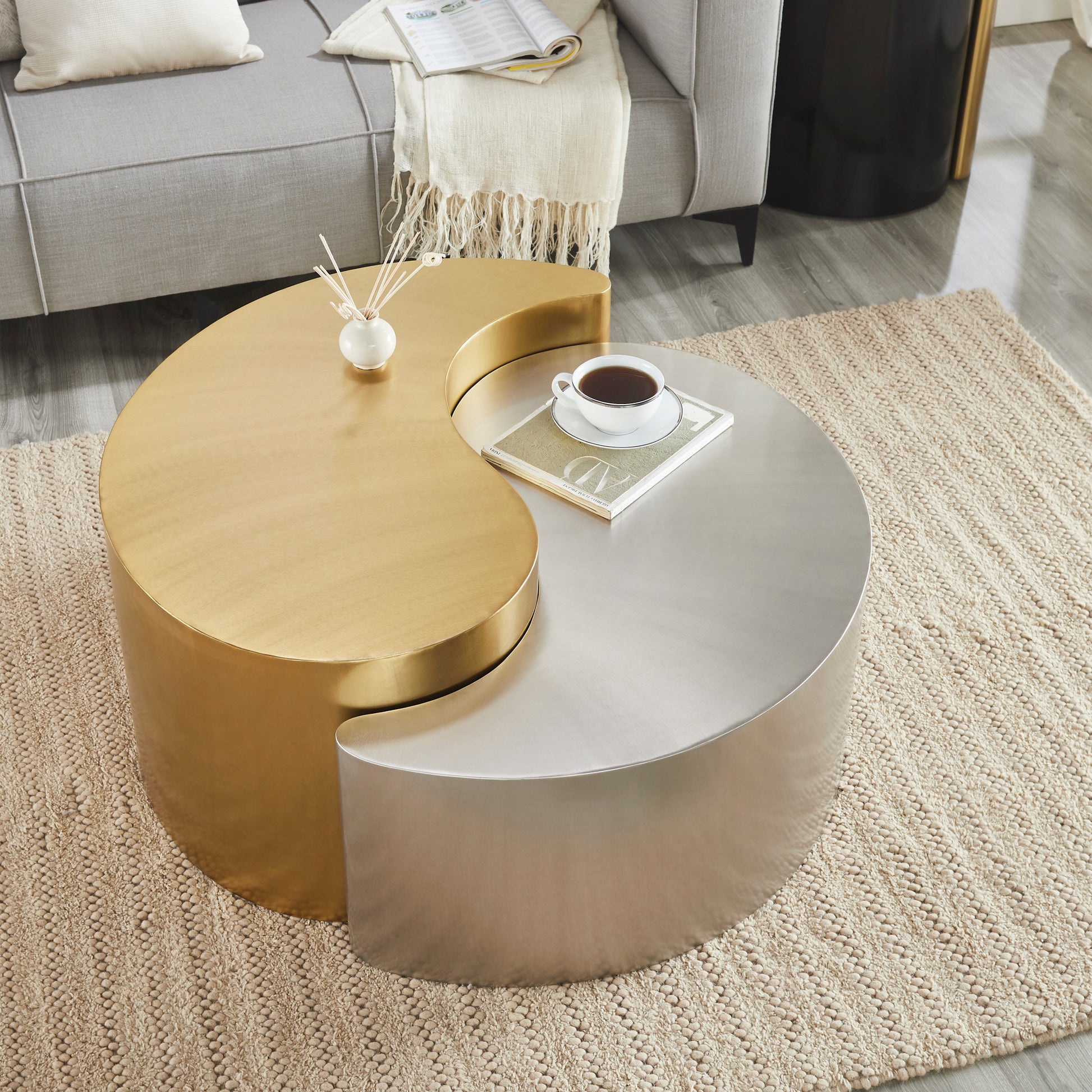 Ying Yang Modern & Contemporary Style 2Pc Coffee Table Made With Iron Sheet Frame In Gold & Silver Multi Primary Living Space Contemporary,Modern Coffee & End Tables Iron Iron