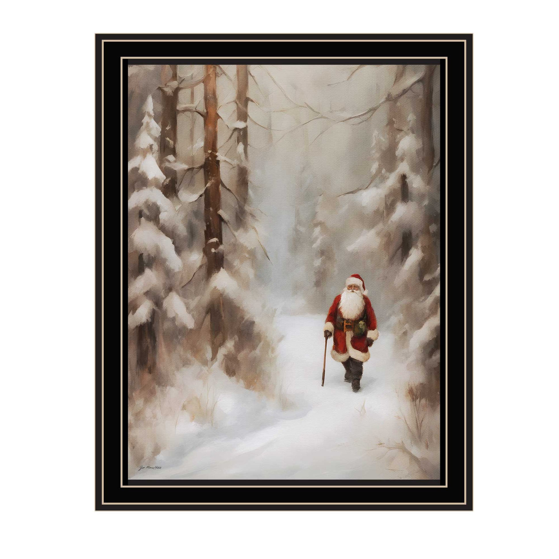 Santa'S Winter Stroll Black Framed Wall Art For Living Room, Holiday Wall Art Print For Home Decor, Bedroom Wall Art By Jo Moulton Multicolor Wood Paper
