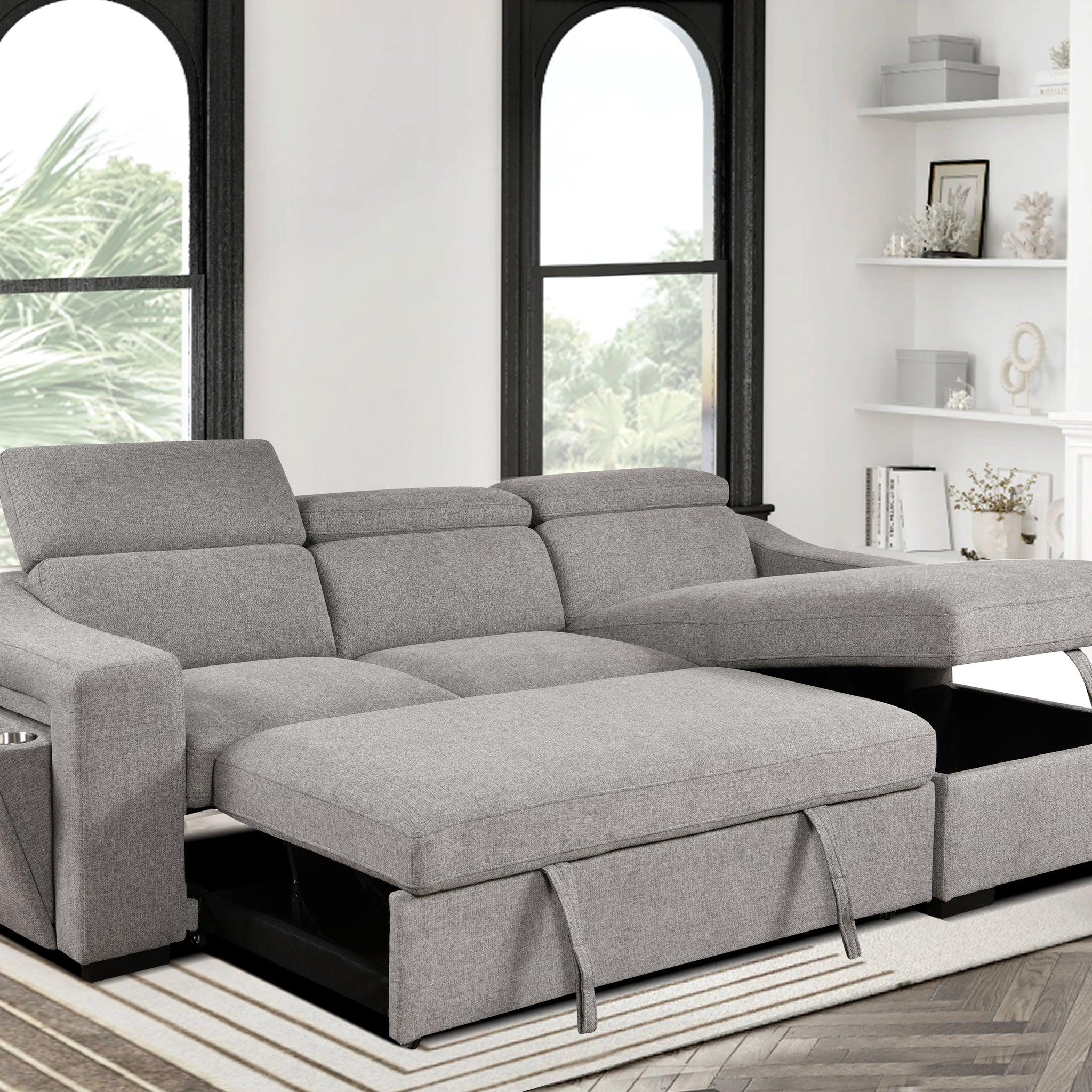 103'' Inch Convertible Sectional Sofa With Storage Chaise, Adjustable Headrests, L Shaped Sleeper Corner Sectional Sofa With A Pull Out Bed ,A Usb Charging,And A Cup Holder,Light Gray Light Brown