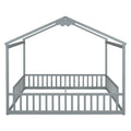 Double Twin House Style Floor Bed With Fence, Guardrails, Without Door, Grey Twin Grey American Design Pine