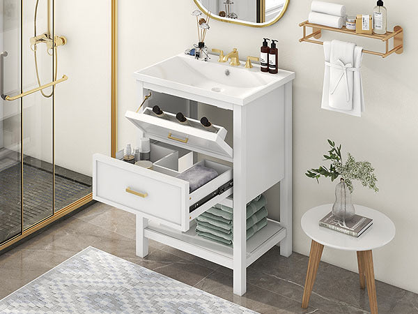 24'' Bathroom Vanity With Top Sink, Modern Bathroom Storage Cabinet With 2 Drawers, Single Sink Bathroom Vanity 2 White 1 Adjustable Hinges Bathroom Freestanding Mdf Painted