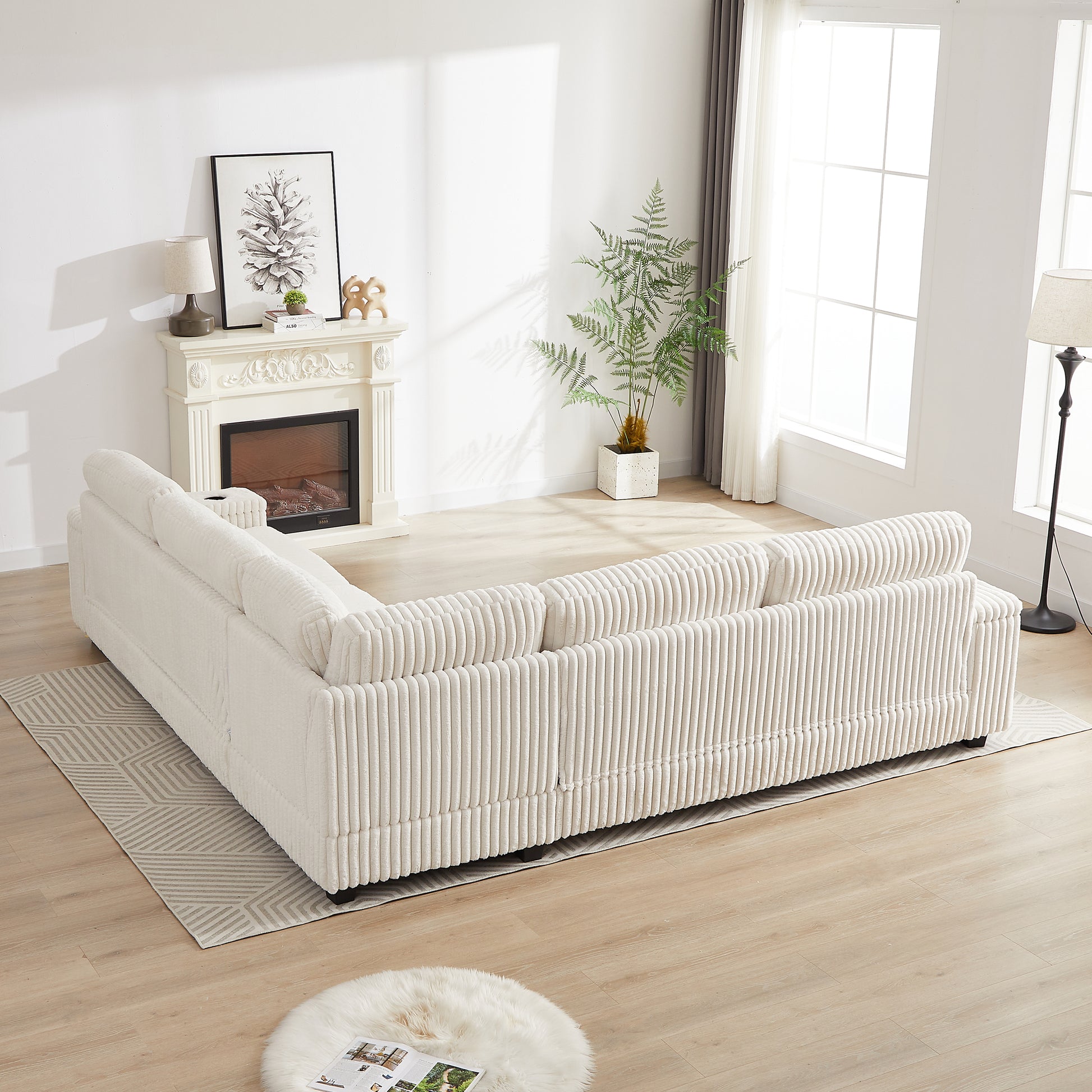 110 Inch Oversized Corduroy Corner Sofa,L Shaped Corner Couch With Two Storage Spaces,Usb Port & T Pyce Port And Cup Holderdeep Seat Comfy Upholstered Couches For Living Room Not Freely Combinable Beige Corduroy 5 Seat