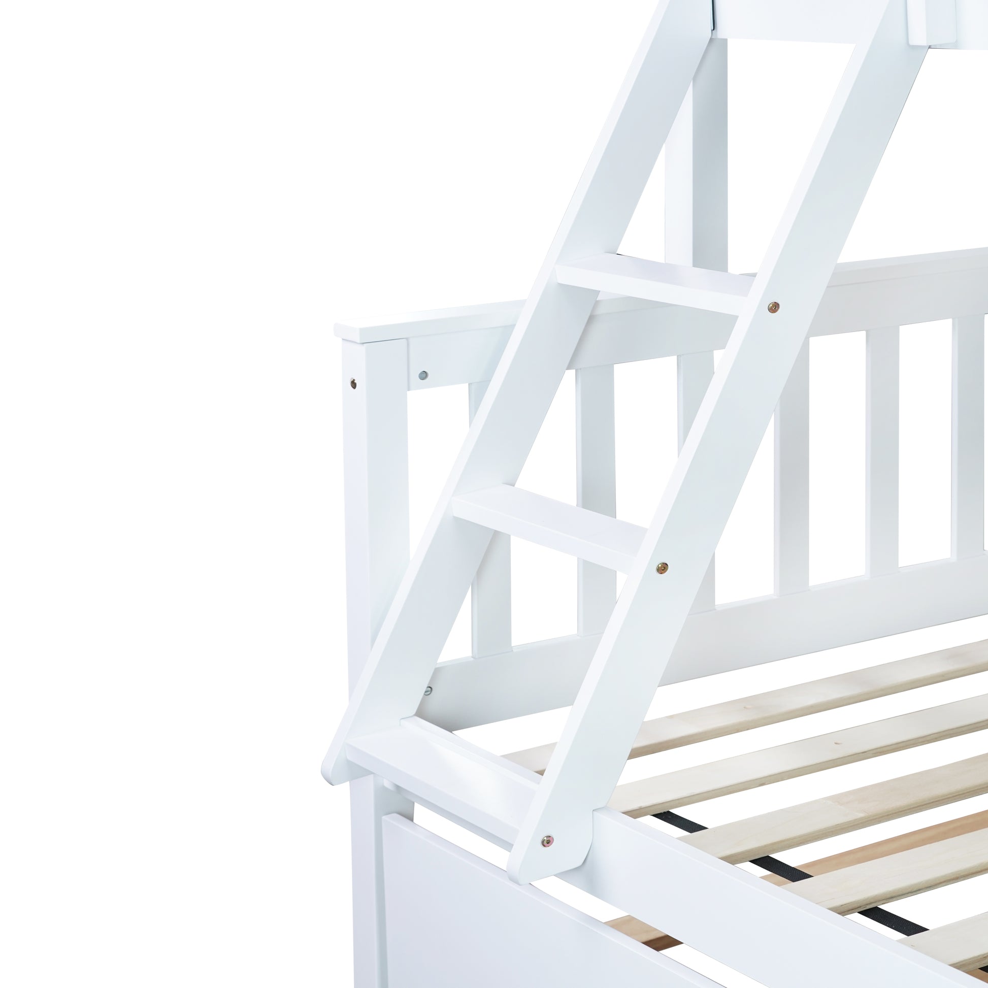 Twin Over Full Rubber Wood Bunk Bed With Trundle, Convertible Ladder And Guardrail, Detachable, Convertible Bed, With Twin Size Trundle ,White Twin White Rubber Wood