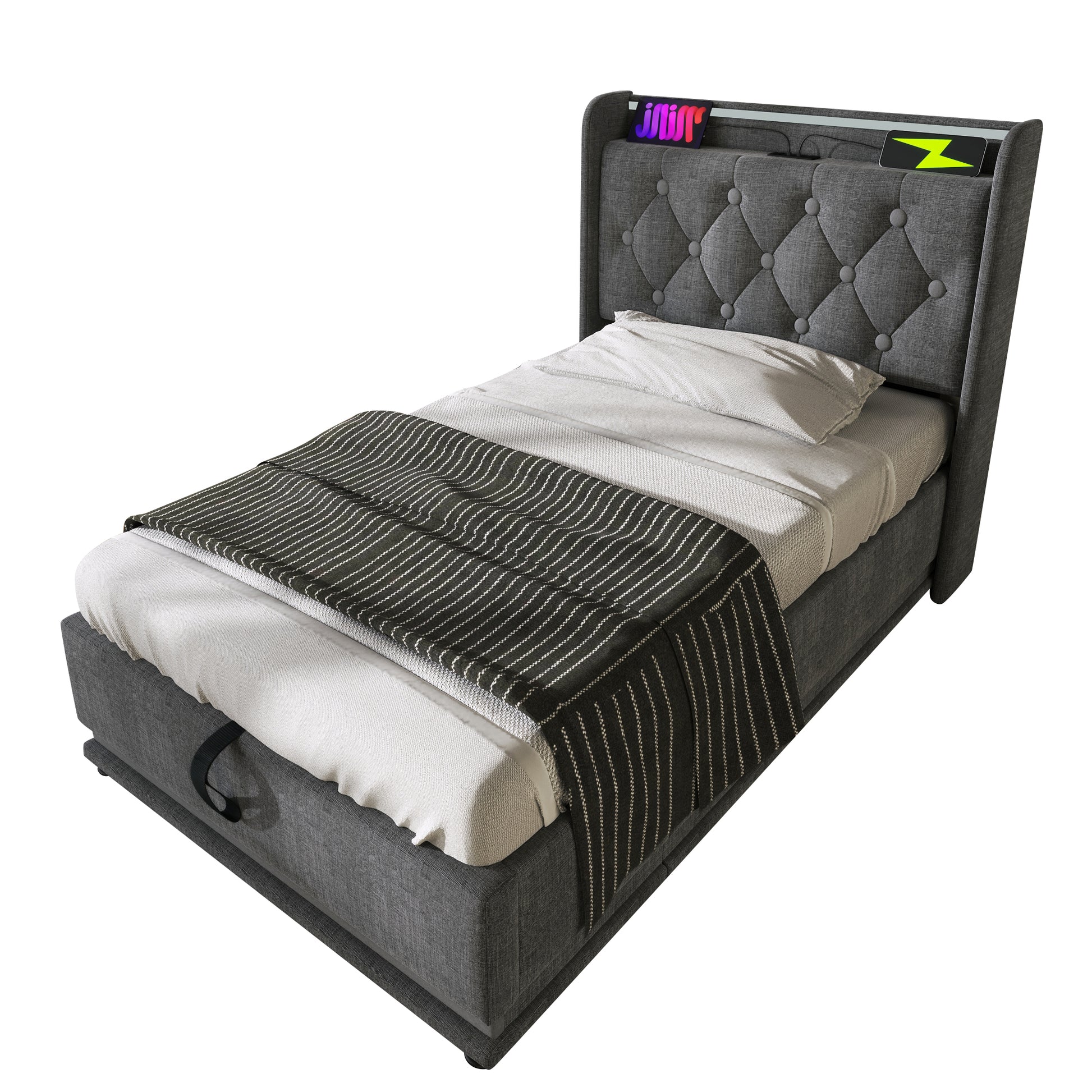 Twin Size Upholstered Bed, 360 Surround Led Function, Buttons Apps Remote Control, Hydraulic Storage Bed With Usb Type C Charging, Gray,Linen Without Mattress Twin Gray Linen