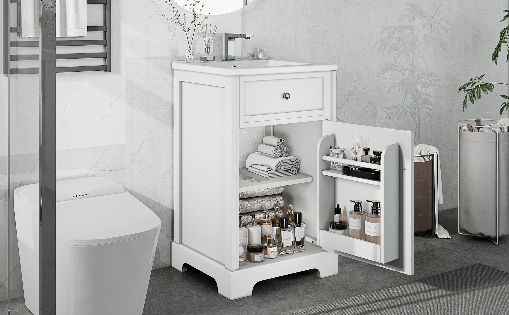 20" Bathroom Vanity With Sink, Bathroom Cabinet With Soft Closing Door, Storage Rack And Adjustable Shelve, White White Mdf