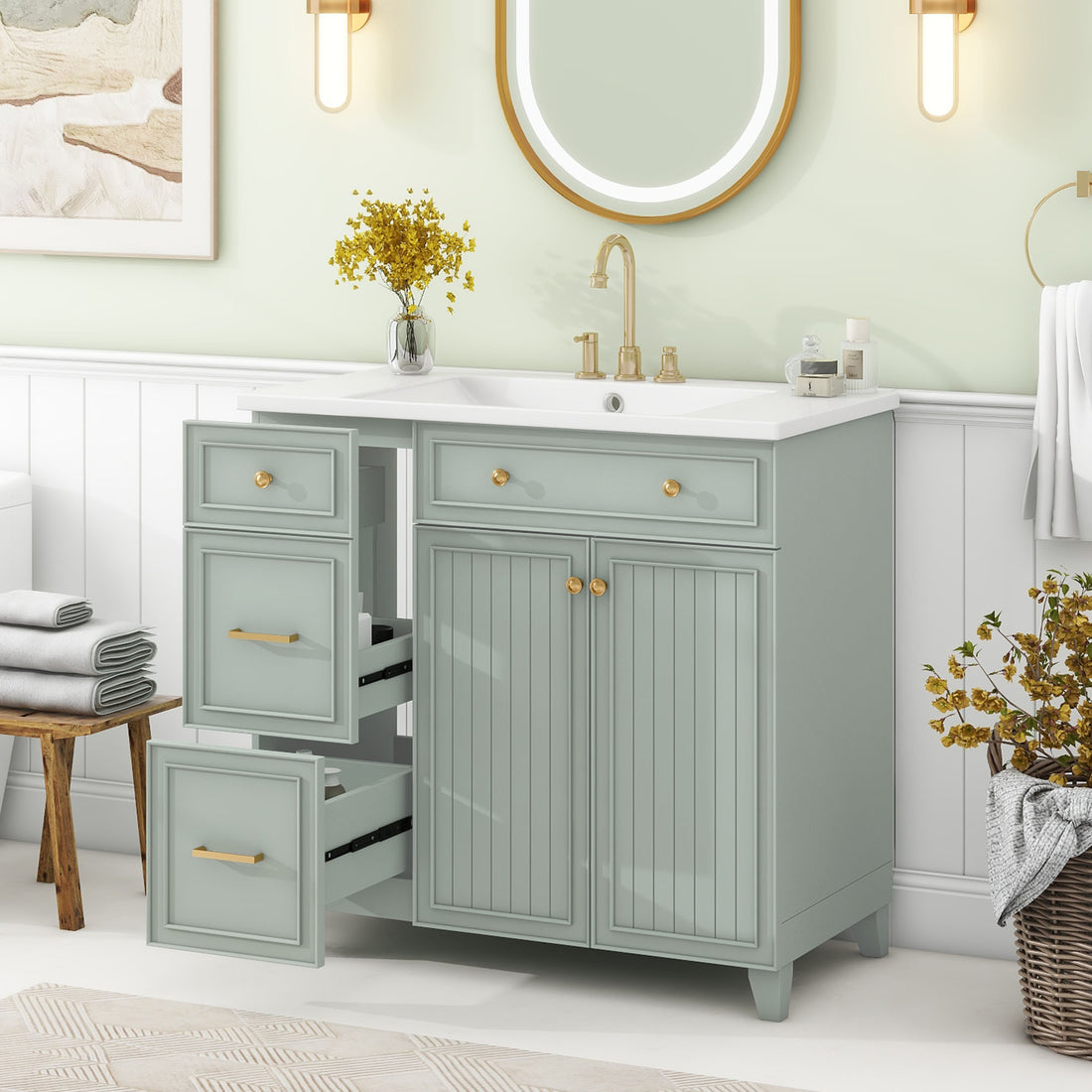 36 Inch Bathroom Vanity, Transitional Style Bathroom Cabinet With Resin Sink, Green Single Bathroom Cabinet, With 2 Drawers And 1 Adjustable Storage Shelf, 2 Soft Close Doors Green Bathroom Solid Wood Mdf Resin