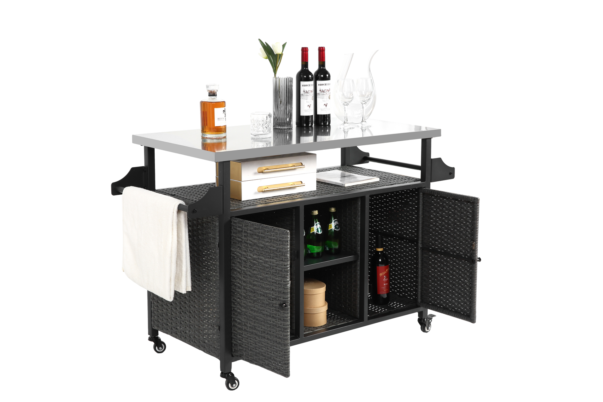 Large Bar Cart,Outdoor Kitchen Wicker Island Rolling Cart & Storage Cabinet, Wheels And Stainless Steel Extended Table Top, Side Handle For Patio Kitchen Or Bar Cart, Grey No Grey Garden & Outdoor