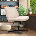 Cross Legged Office Chair, Wide Comfty Desk Chair, Fabric Vanity Home Chair No Wheels Armless Computer Task Chair, Swivel And Height Adjustable Beige Fabric