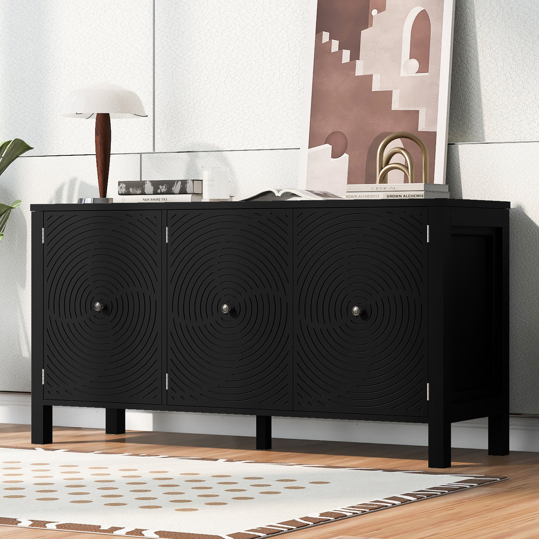 Sideboard With Curved Swirl Patterned Doors And Artistic Three Door Design,Suitable For Living Rooms,Entrance And Study Black Primary Living Space American Design Mdf