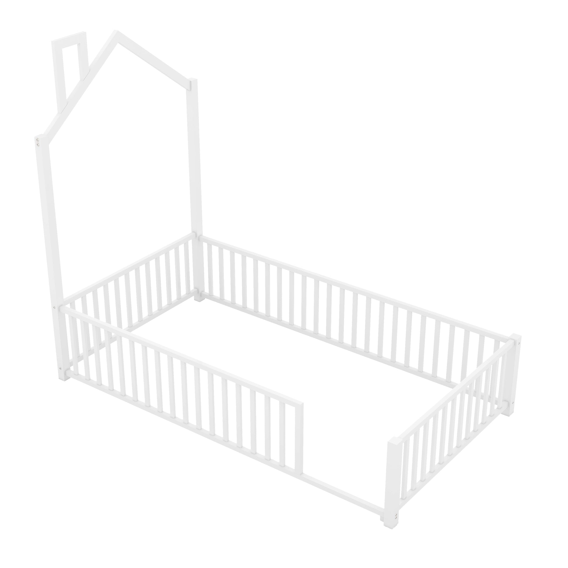 Twin Size Metal House Platform Bed With Guardrail And Chimney, White Box Spring Not Required Twin White Metal Metal