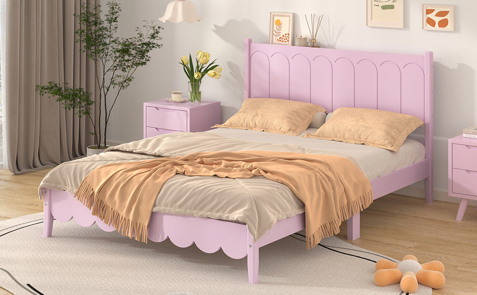 Full Size Wood Platform Bed Frame, Retro Style Bed With Rectangular Headboard,No Need Box Spring,Pink Full Pink Wood