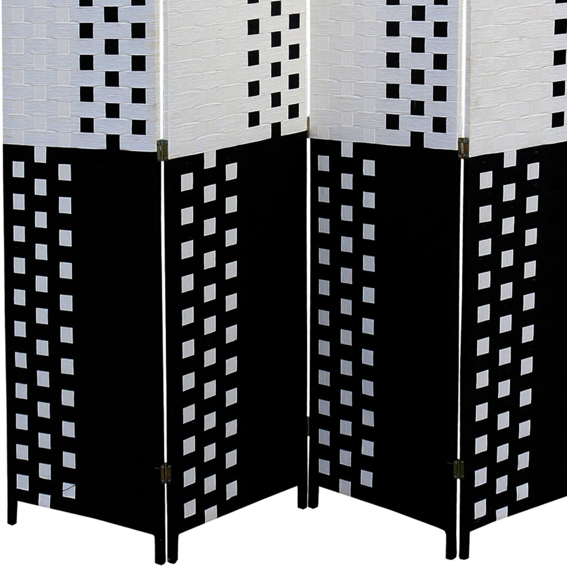 70.75" Tall 4 Panel Screen Room Divider W Weave Design, Black And White Multicolor Wood