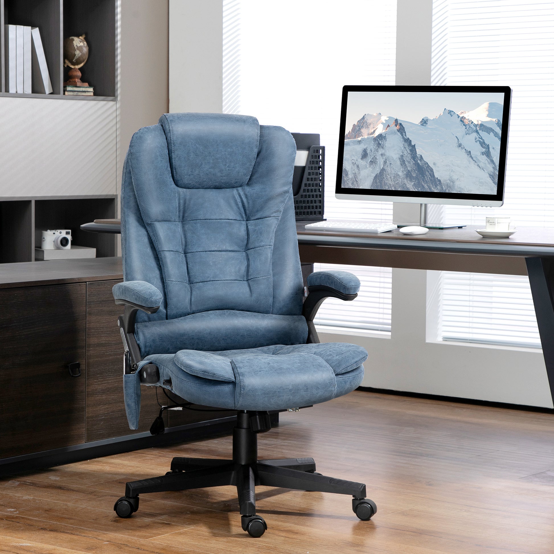 Homcom High Back Vibration Massage Office Chair With 6 Vibration Points, Heated Reclining Pu Leather Computer Chair With Armrest And Remote, Blue Blue Pu