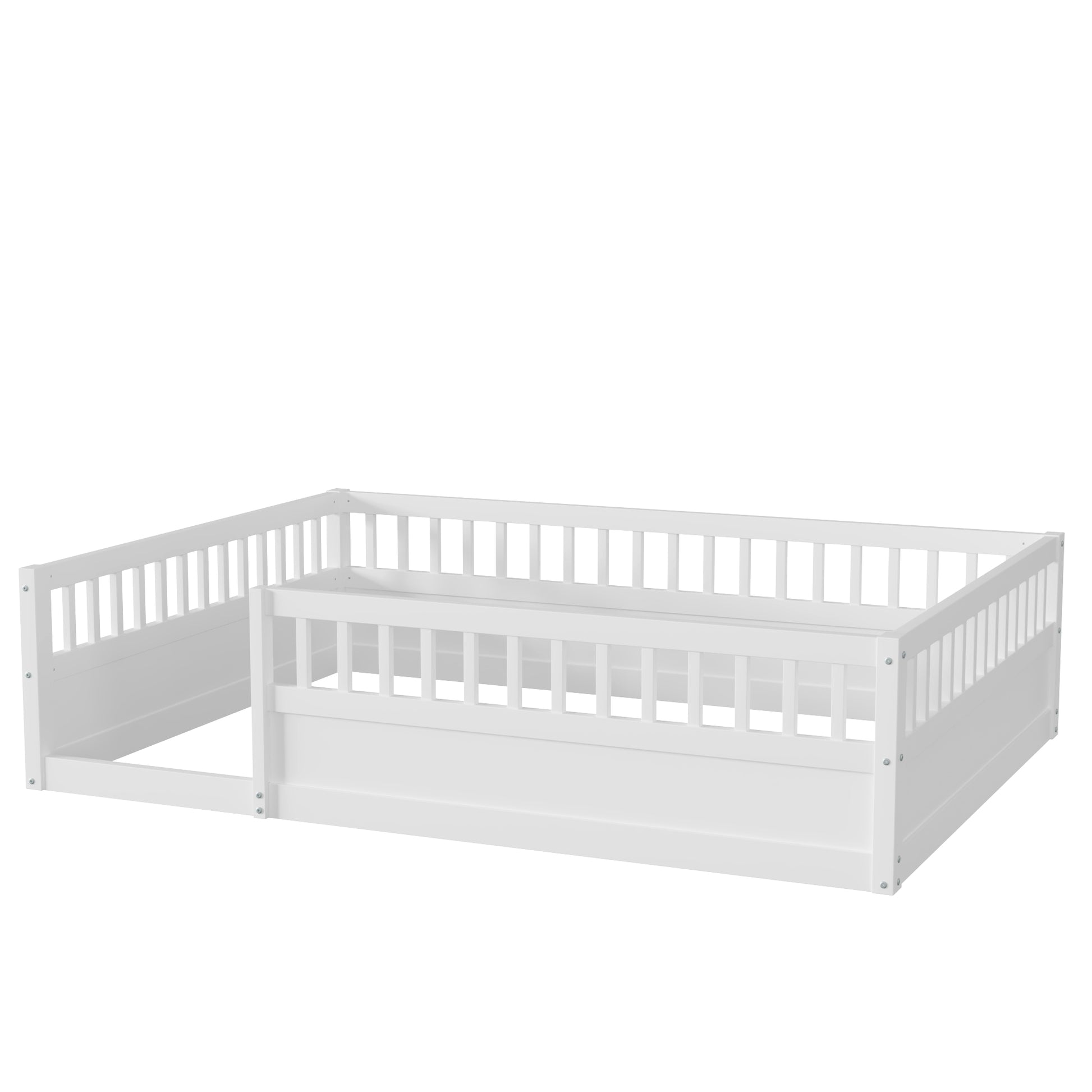 Full Floor Bed Frame With Fence, Wood Kids Floor Beds Frame For Bedroom Playroom,White Expect Arrive Date Jul. 10Th Full White Pine