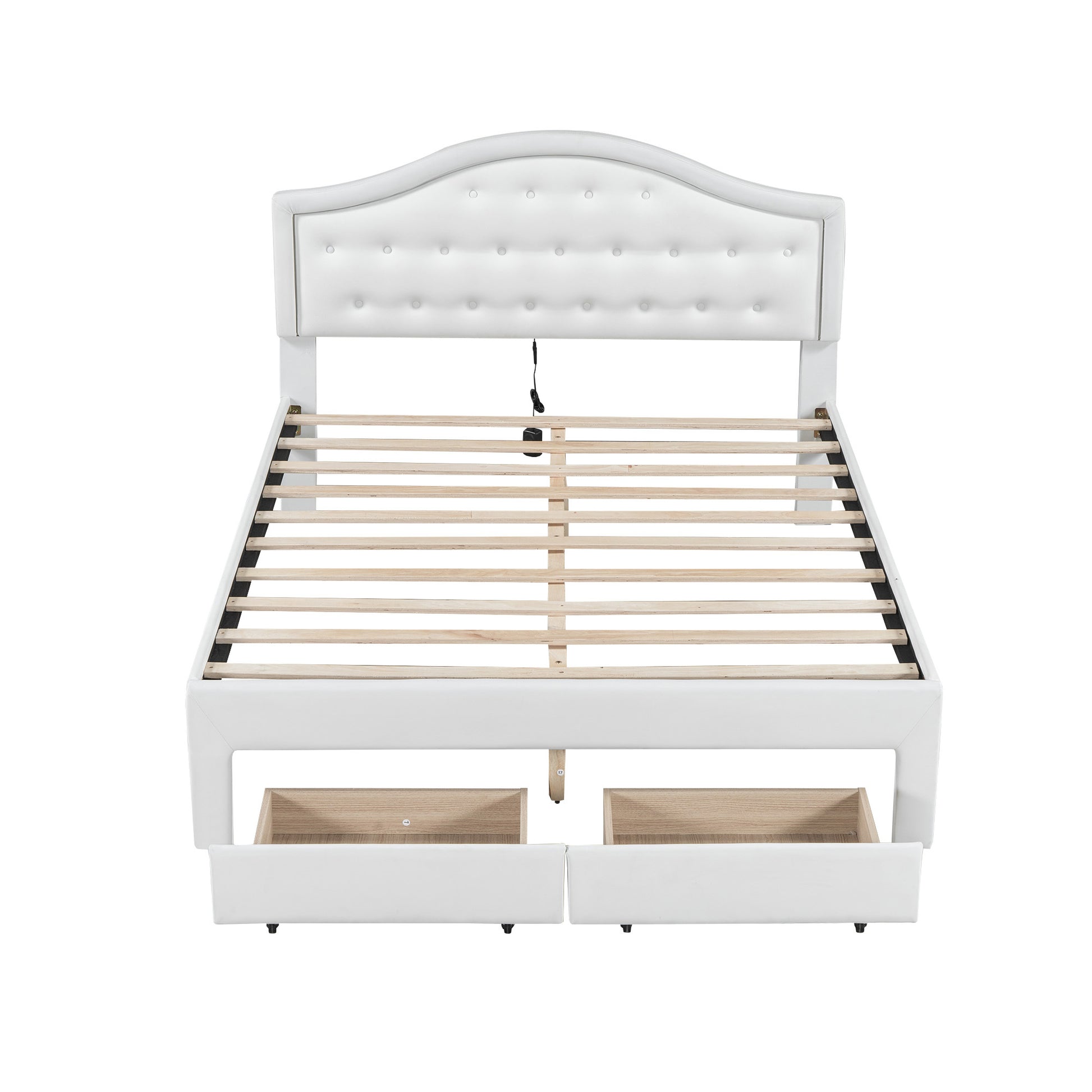 Queen Size Upholstered Platform Bed With Tufted Headboard, Led And 2 Drawers, White Box Spring Not Required Queen White Wood Bathroom Bed Frame Faux Leather Upholstered